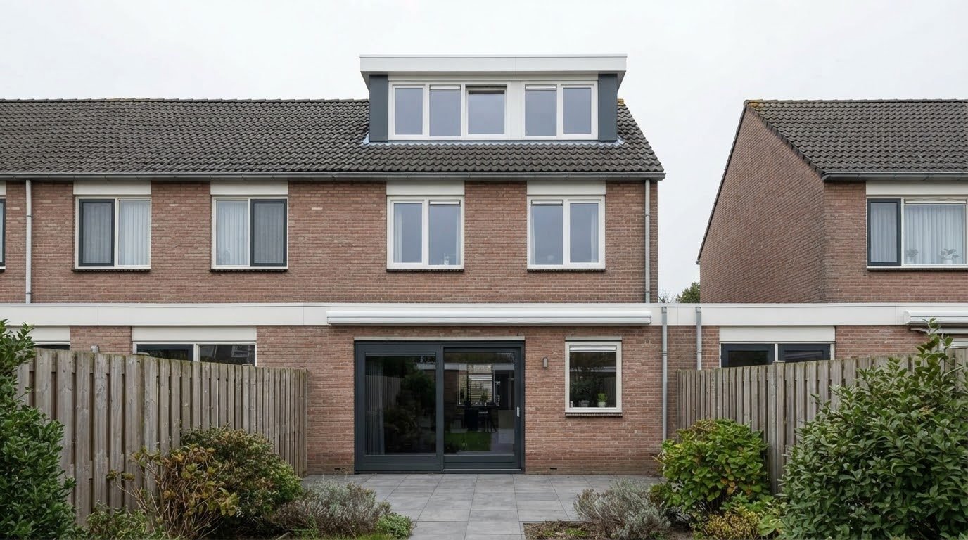 Achtergevel van een rijtjeswoning met een witte kunststof dakkapel op het pannendak