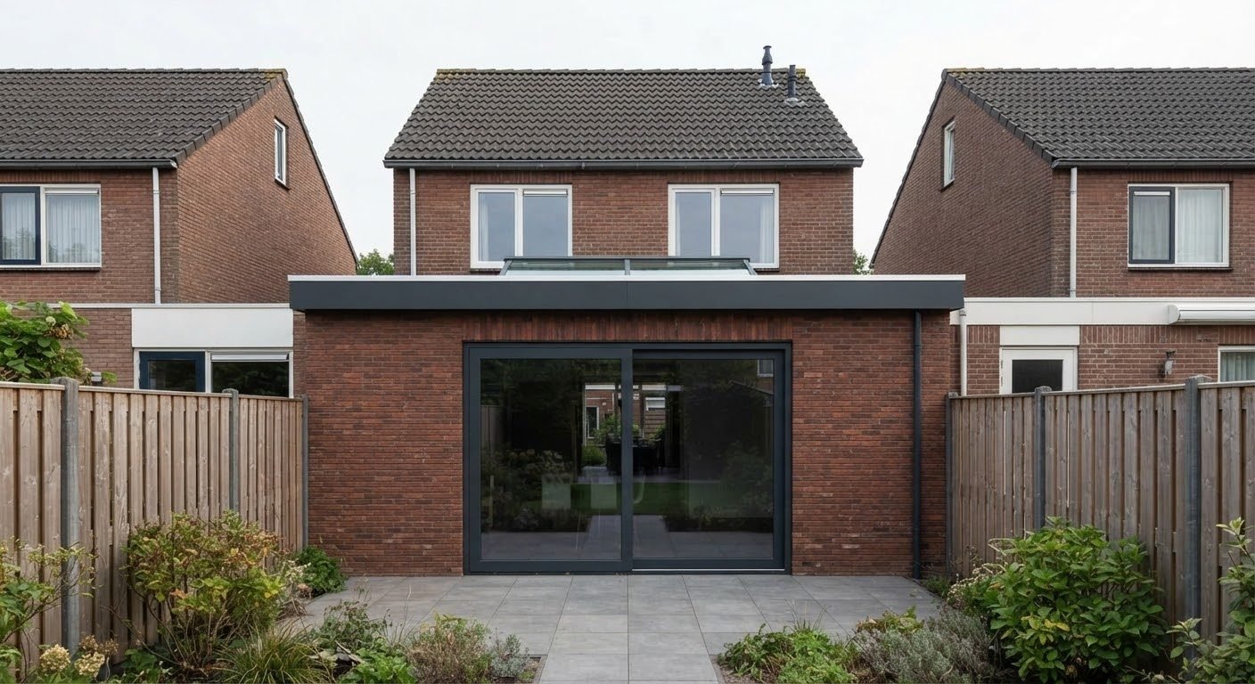 Woning met nieuwe uitbouw over de volle breedte, plat dak met lichtstraat en brede antraciet schuifpui